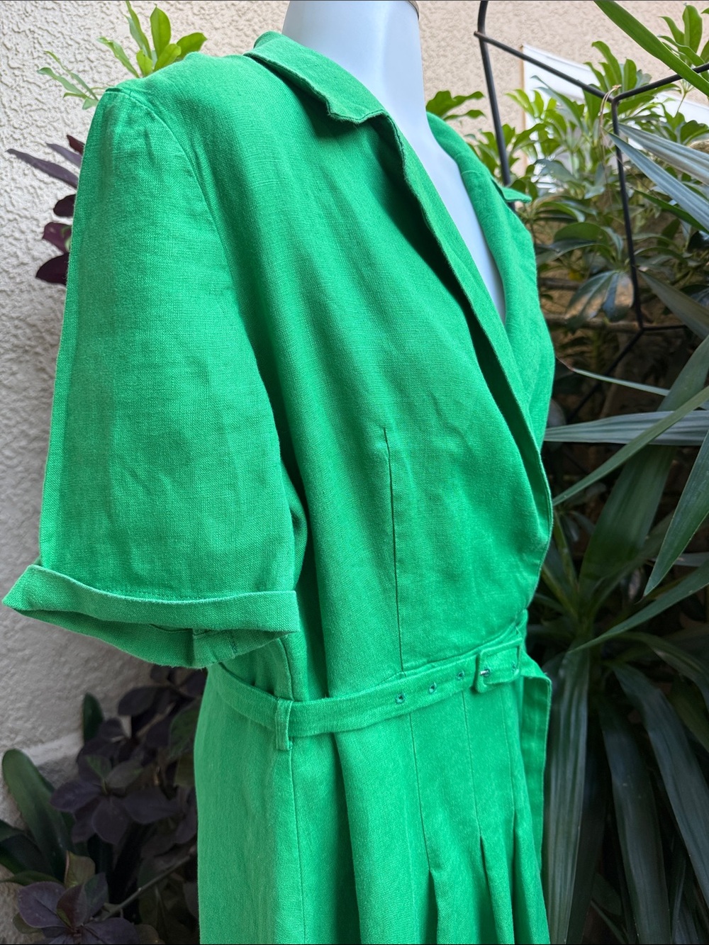 Mango Bright Emerald Green Belted Maxi Linen Dress with Notched Collar and Belt - Picture 8 of 12